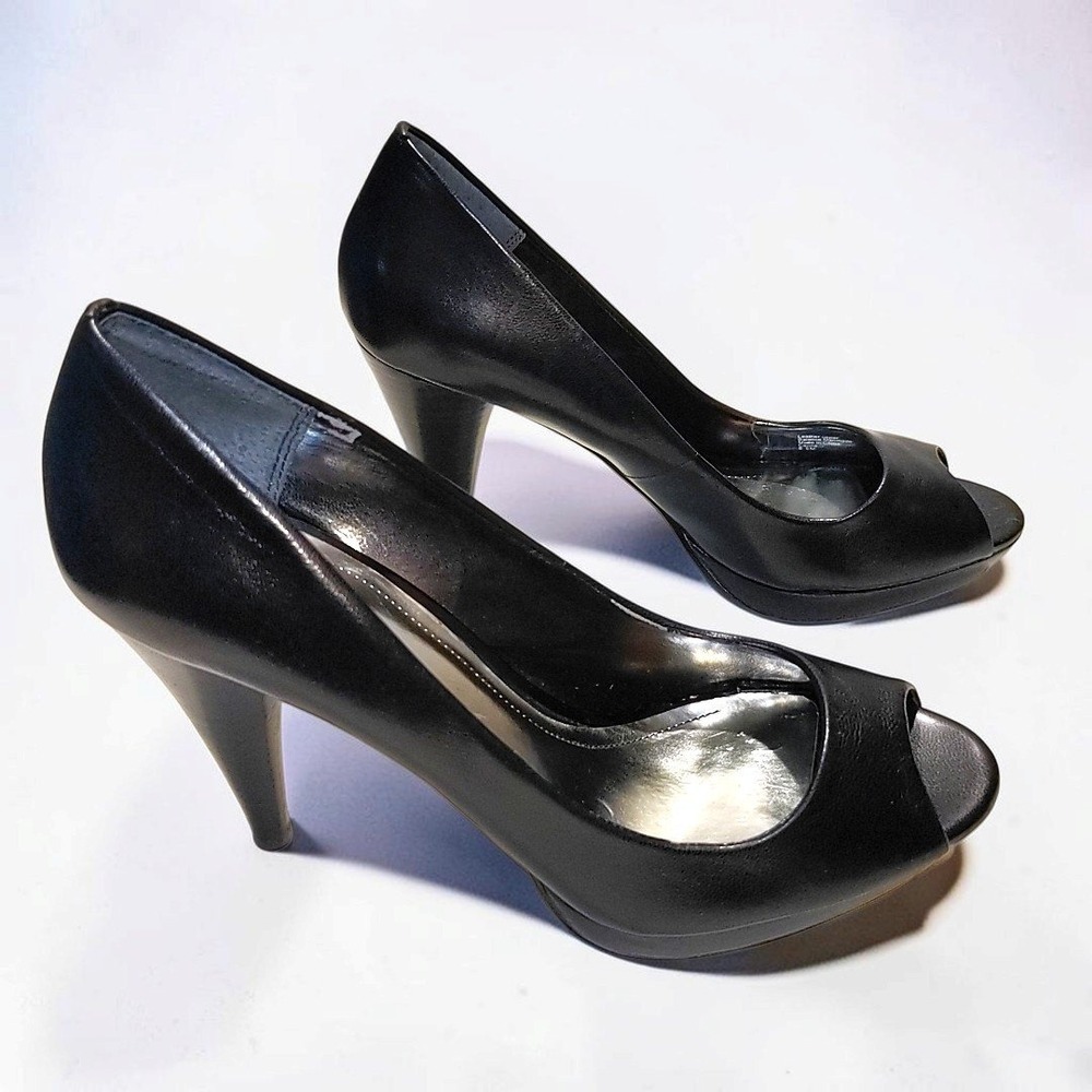 Style & Co Celine Black Leather Peep Toe Platform Pumps Heels Womens 8.5 Formal